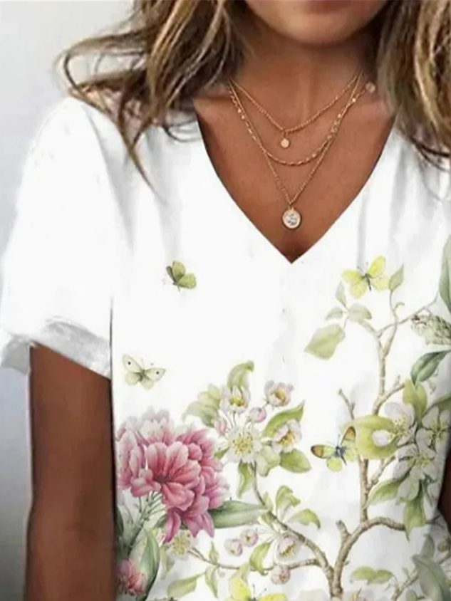 V Neck Knitted Casual Floral T-Shirt