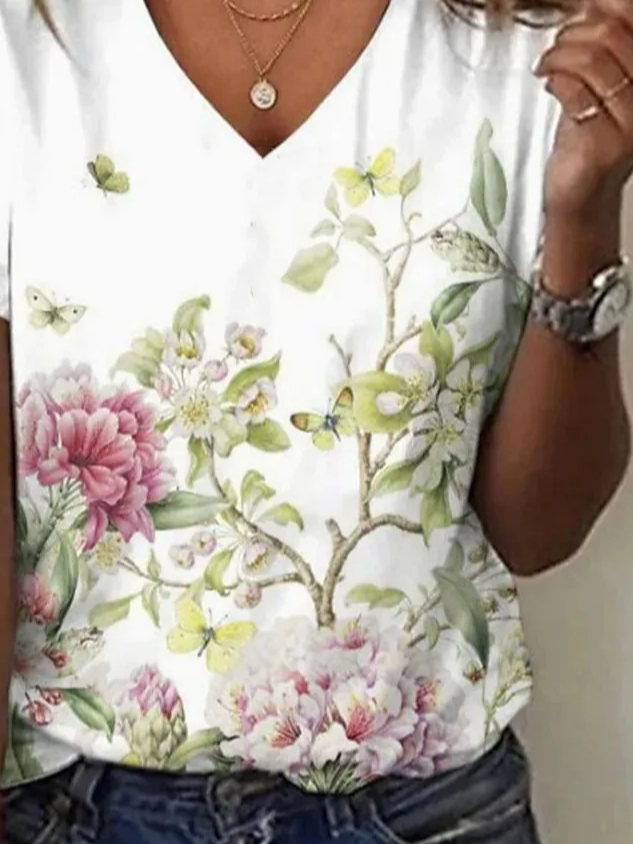 V Neck Knitted Casual Floral T-Shirt