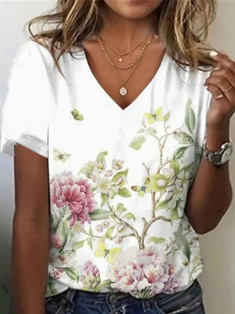 V Neck Knitted Casual Floral T-Shirt