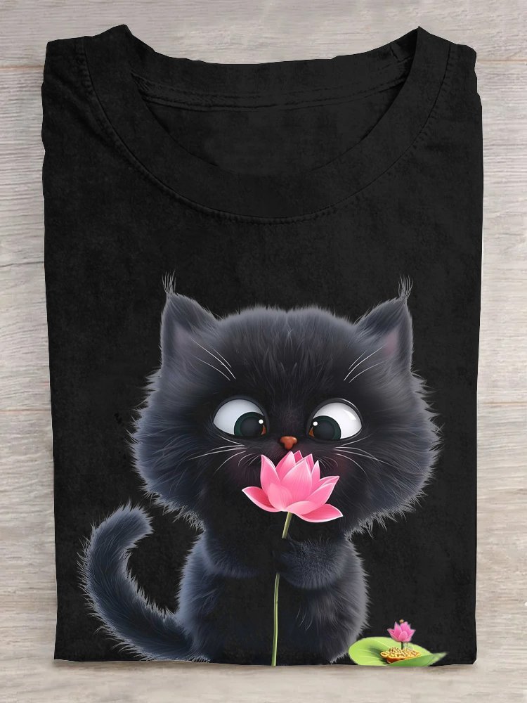 Crew Neck Cat Cotton Casual T-Shirt