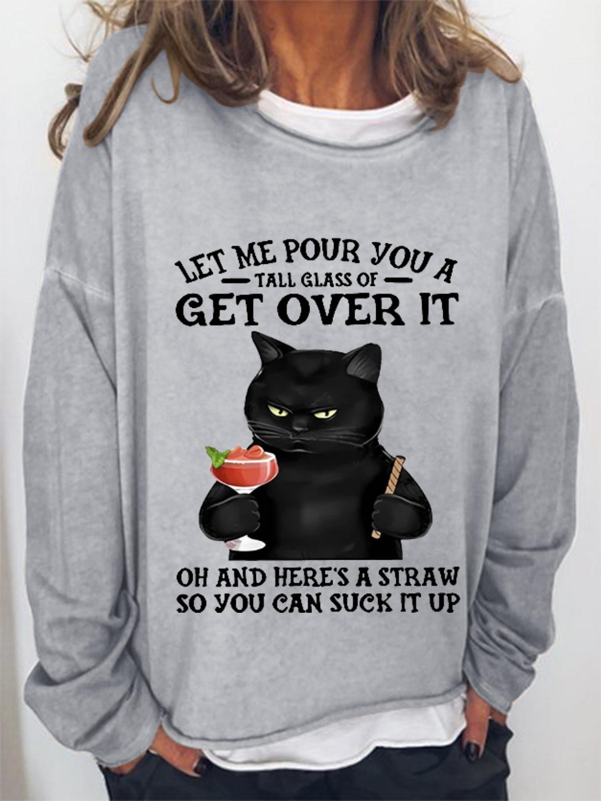 Women's Black Cat and drink Funny Sweatshirt