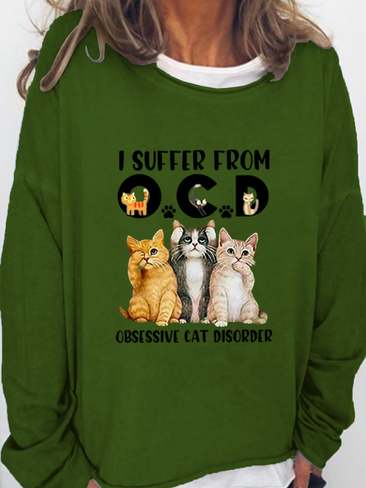 Women's I Suffer From OCD Cat Graphic Letter Funny Sweatshirt