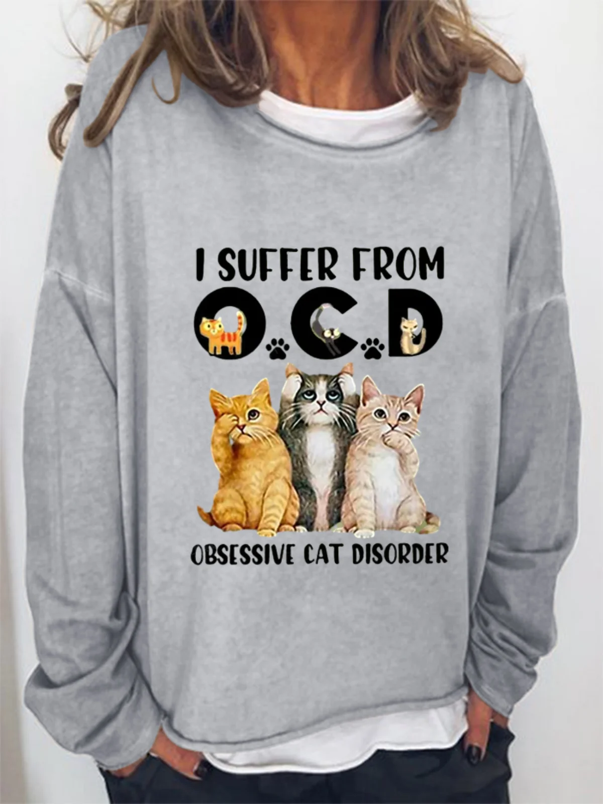 Women's I Suffer From OCD Cat Graphic Letter Funny Sweatshirt