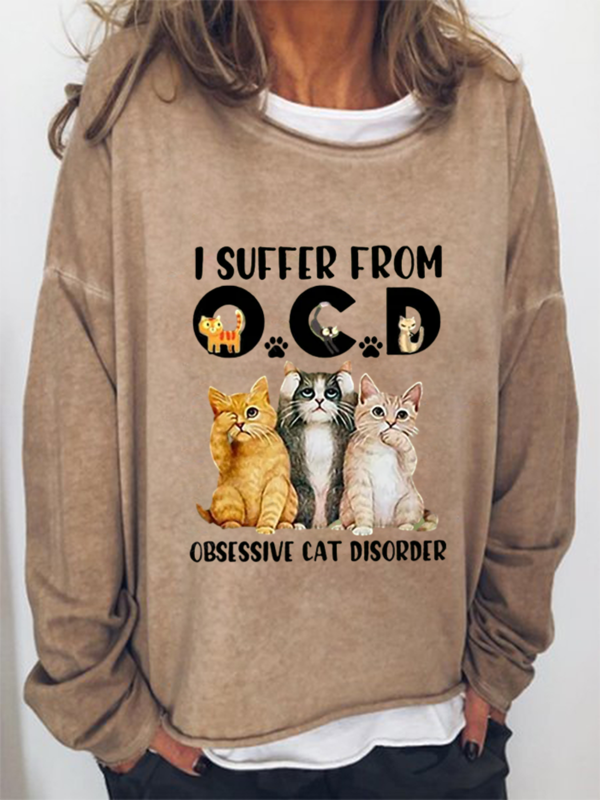 Women's I Suffer From OCD Cat Graphic Letter Funny Sweatshirt