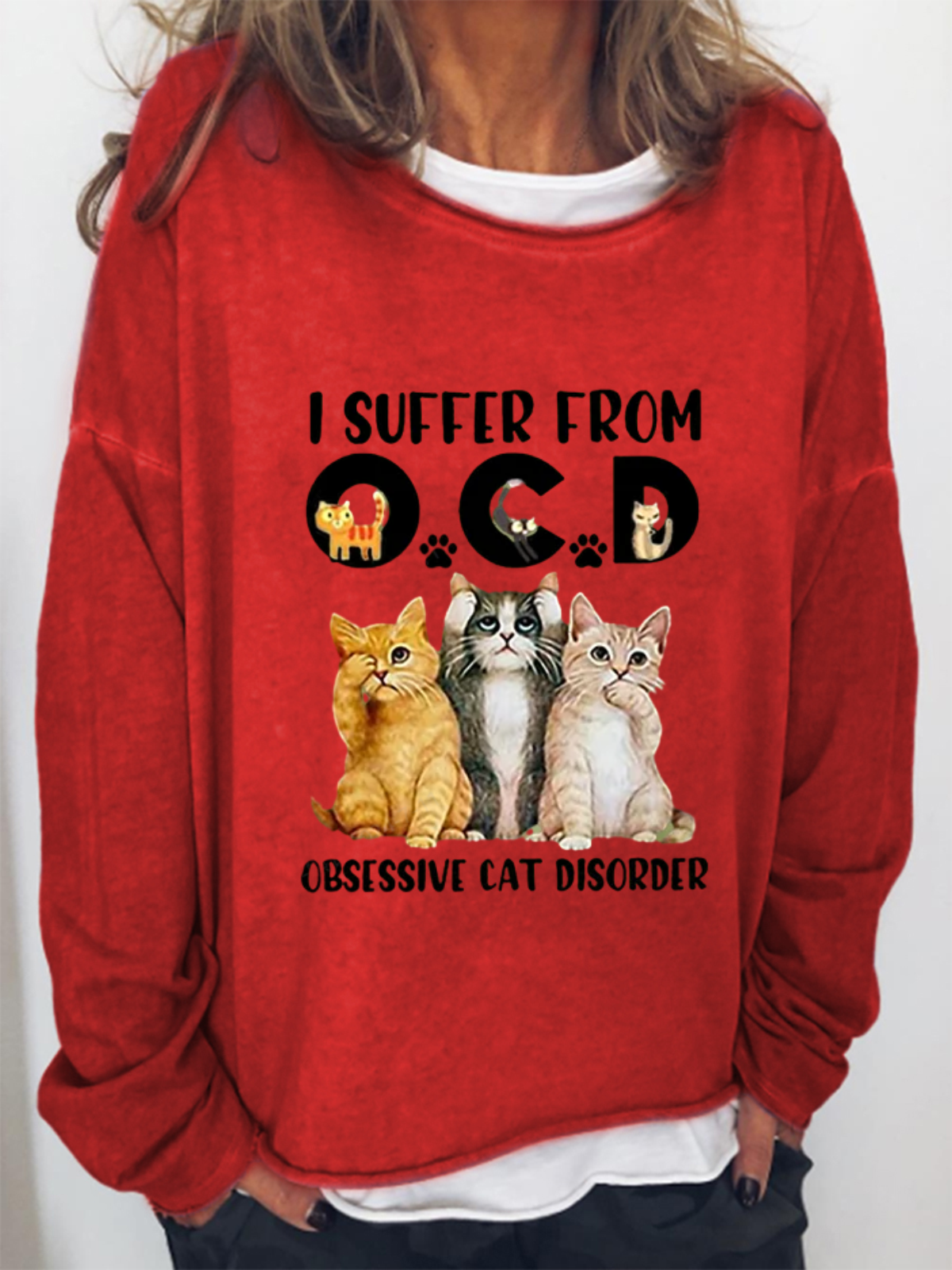 Women's I Suffer From OCD Cat Graphic Letter Funny Sweatshirt