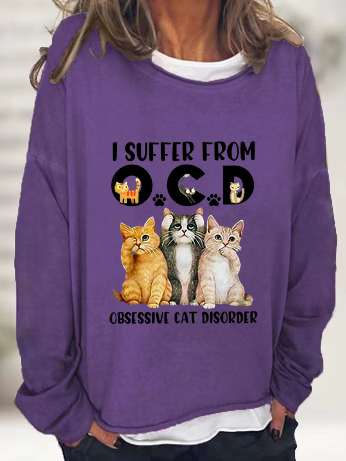 Women's I Suffer From OCD Cat Graphic Letter Funny Sweatshirt