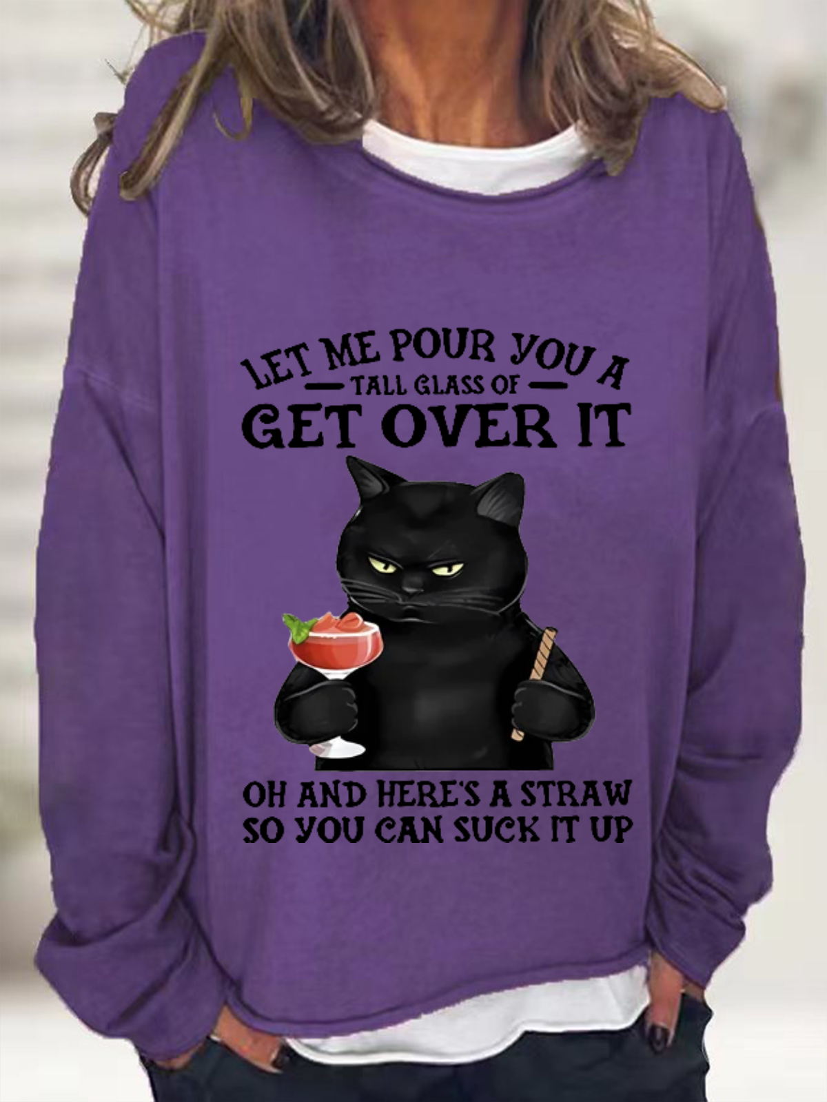 Women's Black Cat and drink Funny Sweatshirt