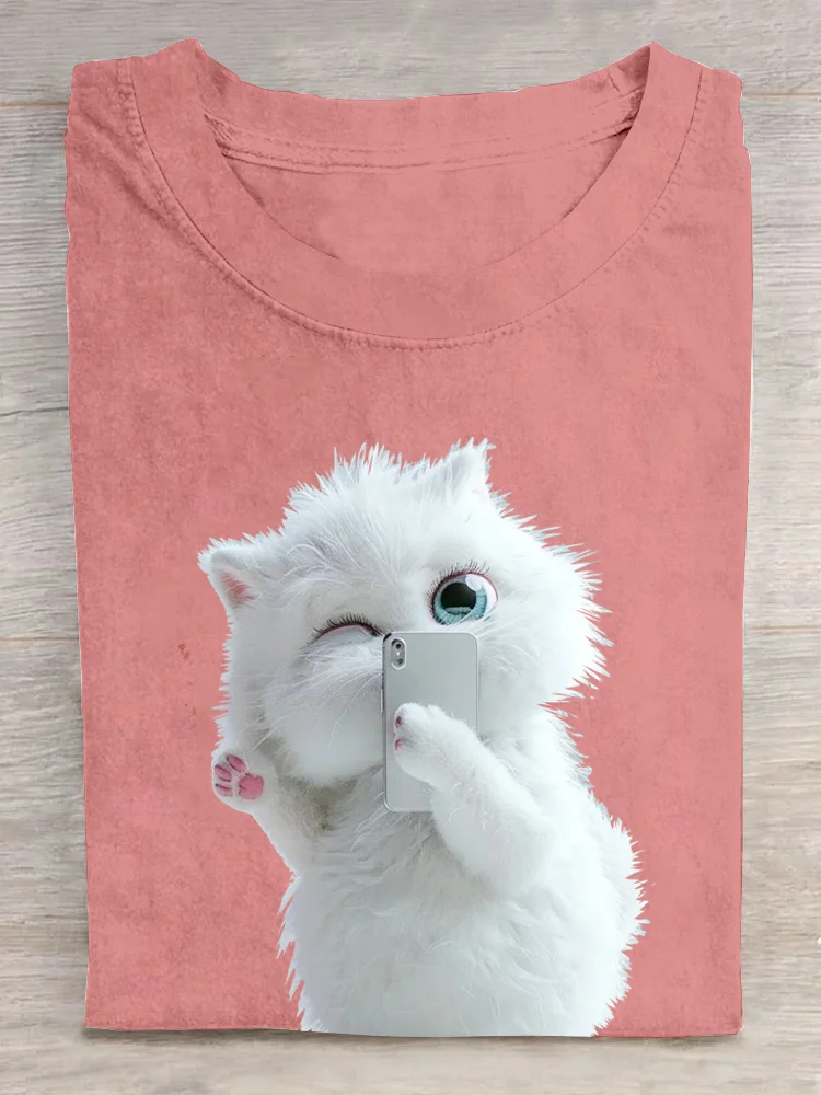 Crew Neck Casual Cat Loose T-Shirt