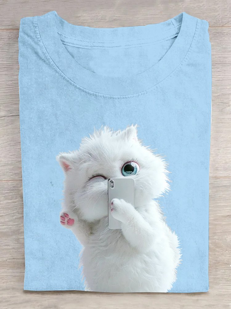 Crew Neck Casual Cat Loose T-Shirt