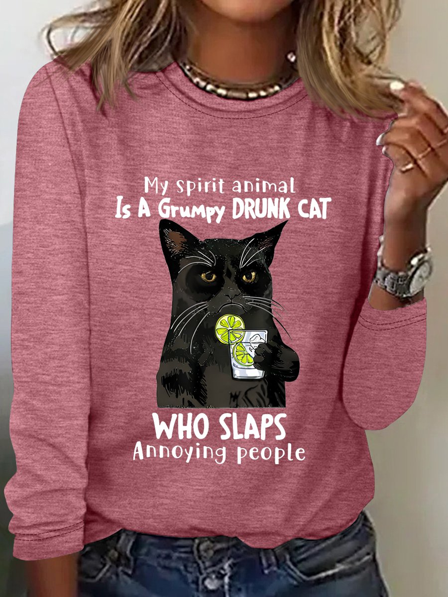 My Spirit Animal Is A Grumpy Drunk Cat Who Slaps Annoying People Sarcastic Long sleeve Shirt