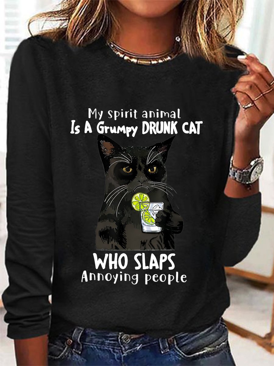 My Spirit Animal Is A Grumpy Drunk Cat Who Slaps Annoying People Sarcastic Long sleeve Shirt