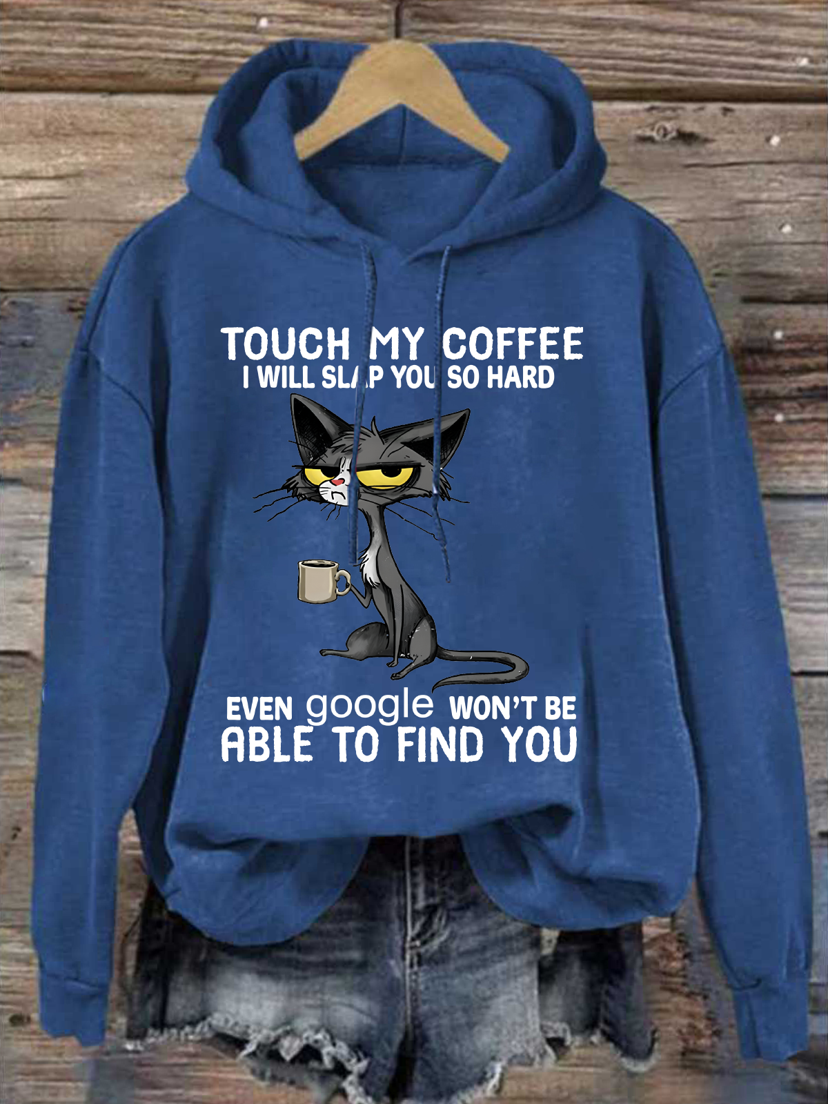 Womens Cat Drinking Coffee Touch My Coffee I Will Slap You So Hard Letters Casual Loose Hoodie