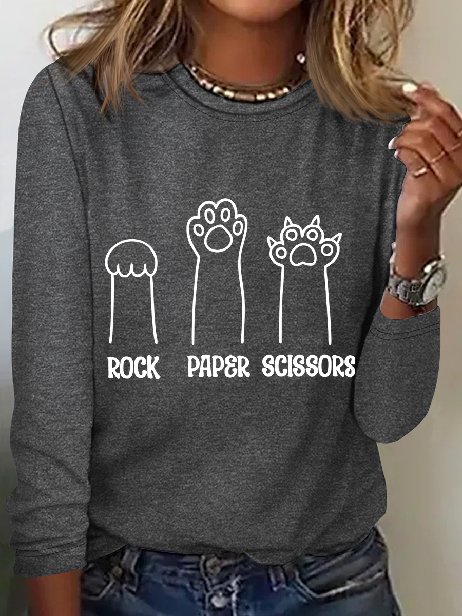 Rock Paper Scissors Hand Game Cute Paw Funny Cat Casual Text Letters Blouse