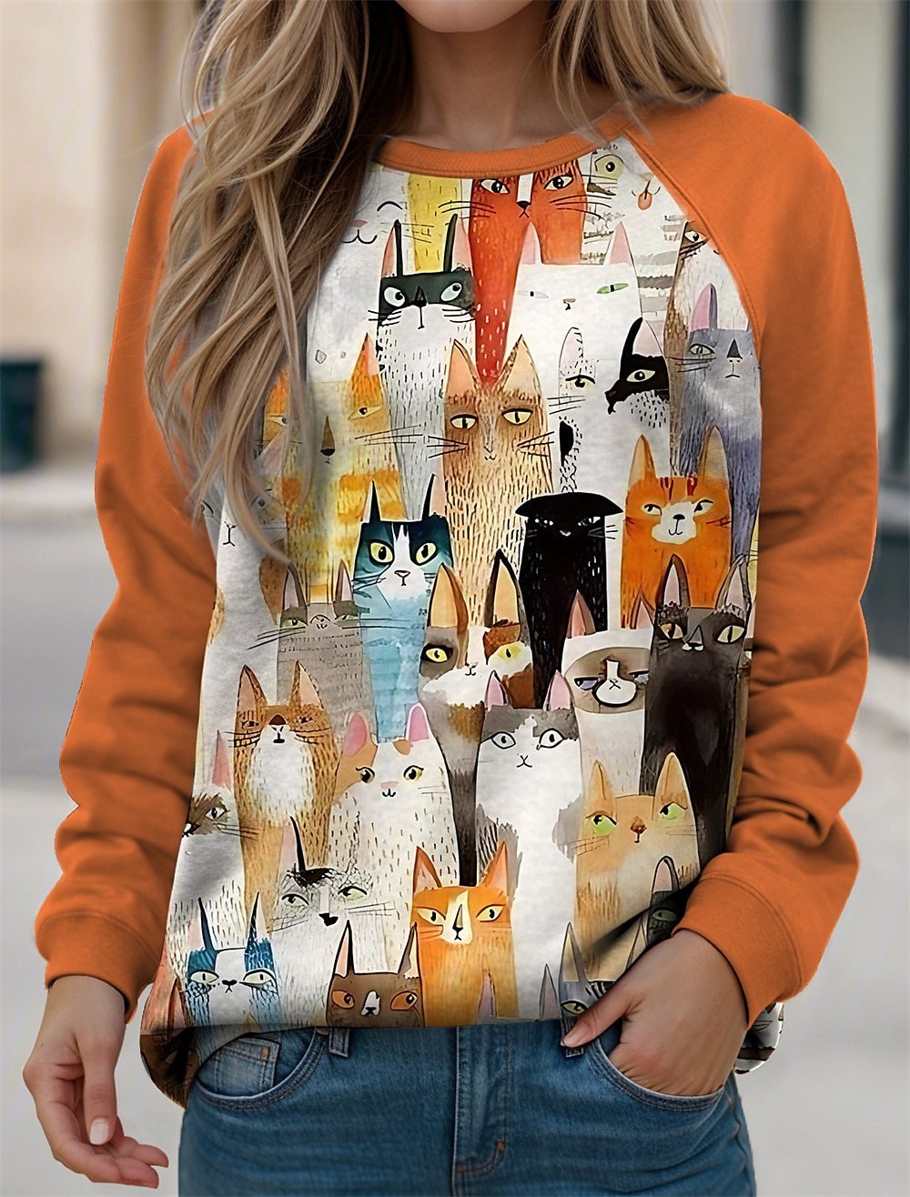 Casual Cat Crew Neck Loose Sweatshirt