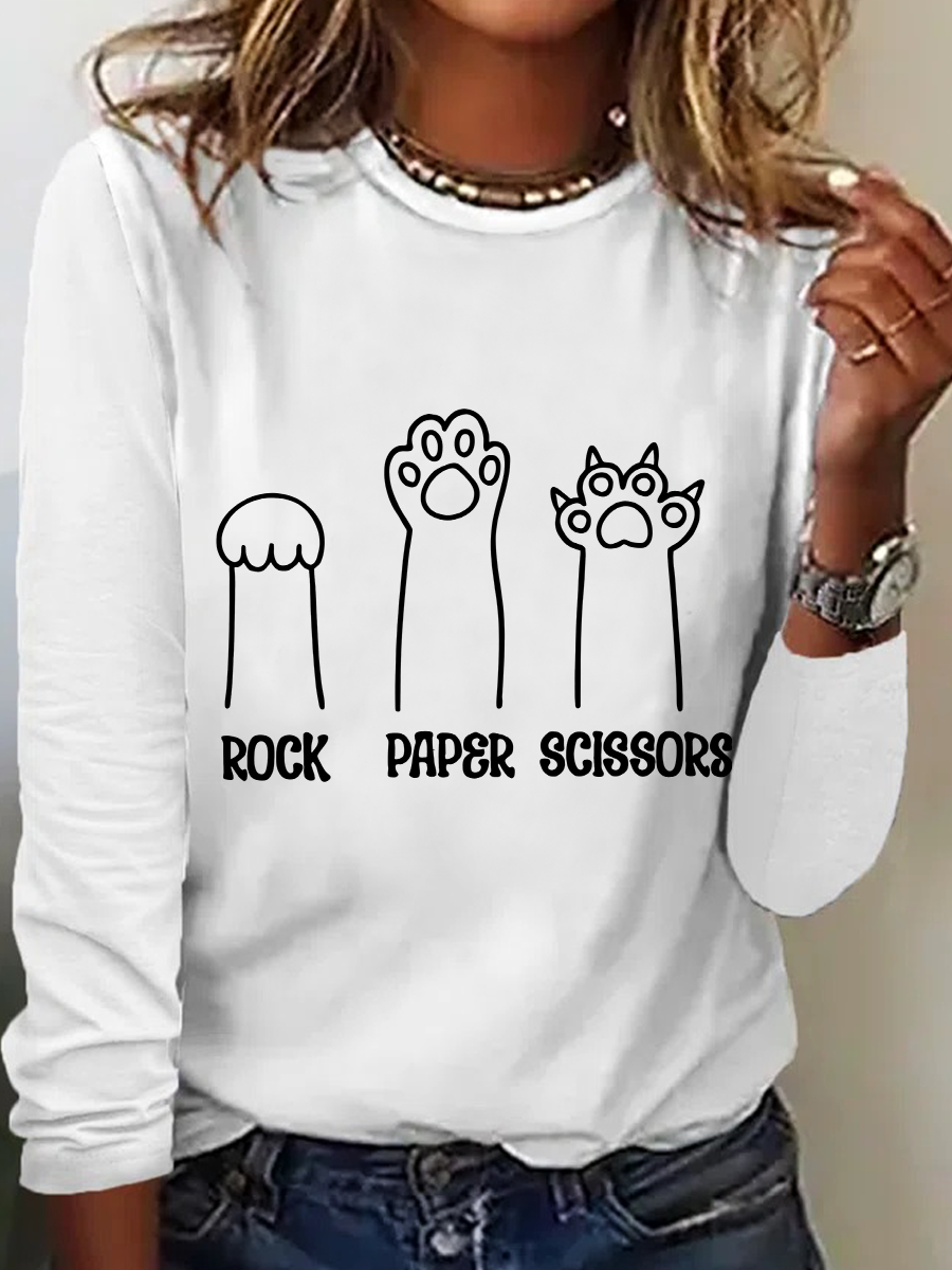 Rock Paper Scissors Hand Game Cute Paw Funny Cat Casual Text Letters Blouse