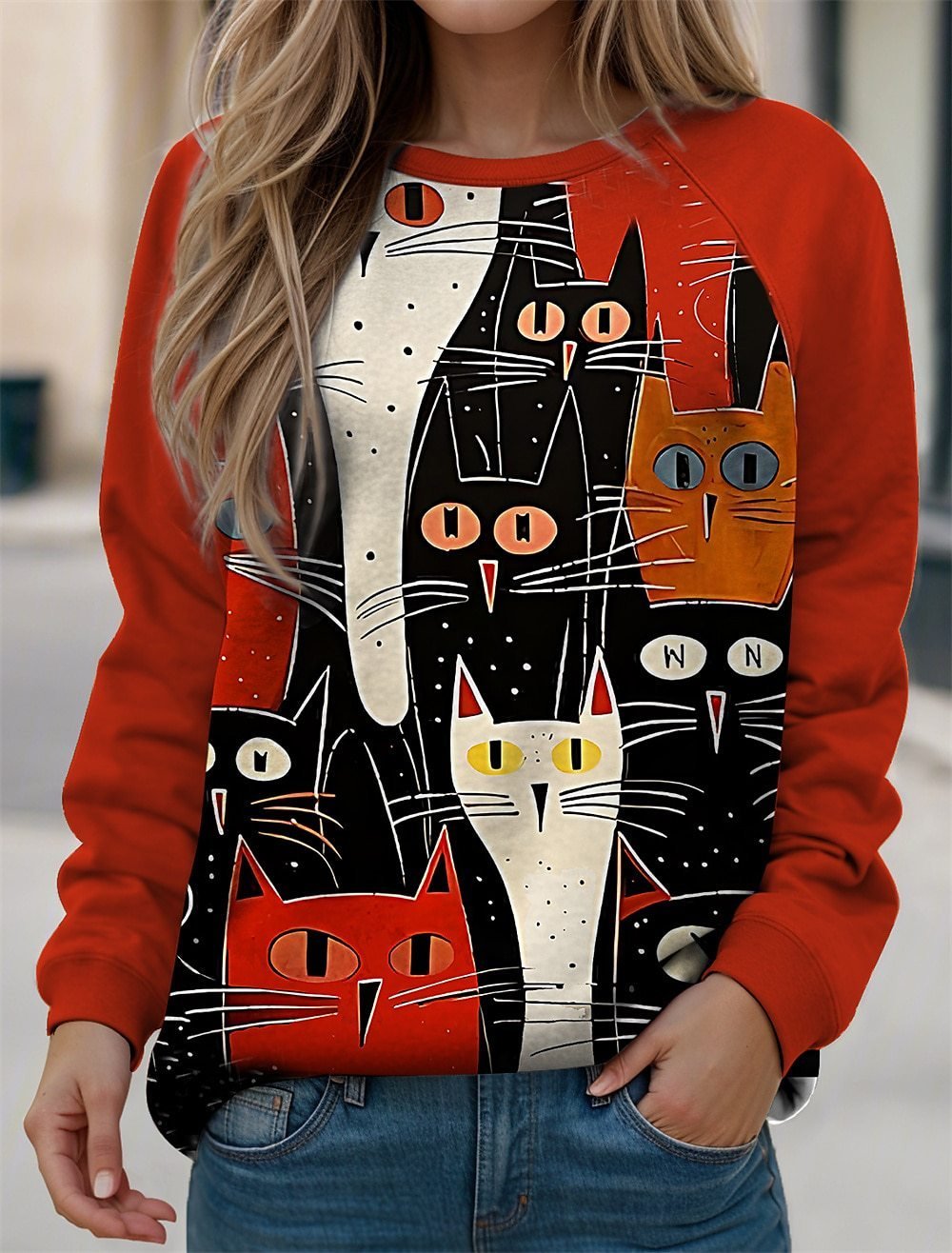 Casual Cat Crew Neck Loose Sweatshirt