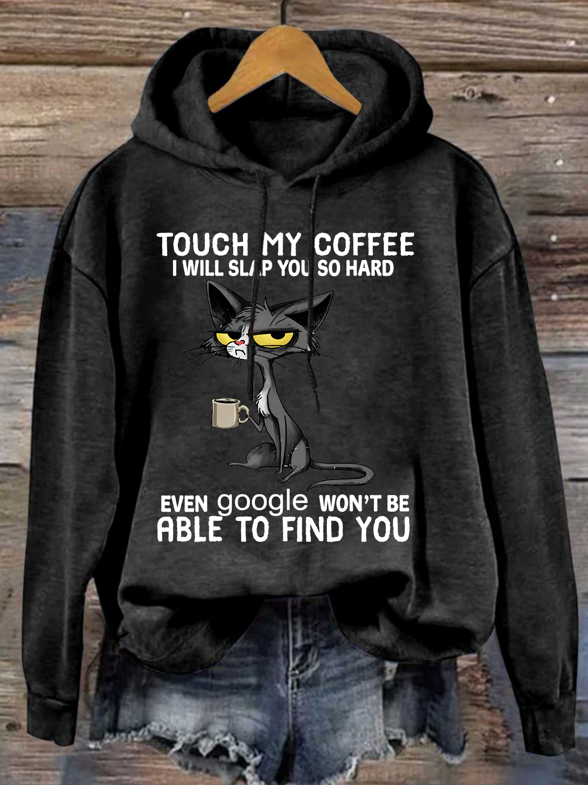 Womens Cat Drinking Coffee Touch My Coffee I Will Slap You So Hard Letters Casual Loose Hoodie