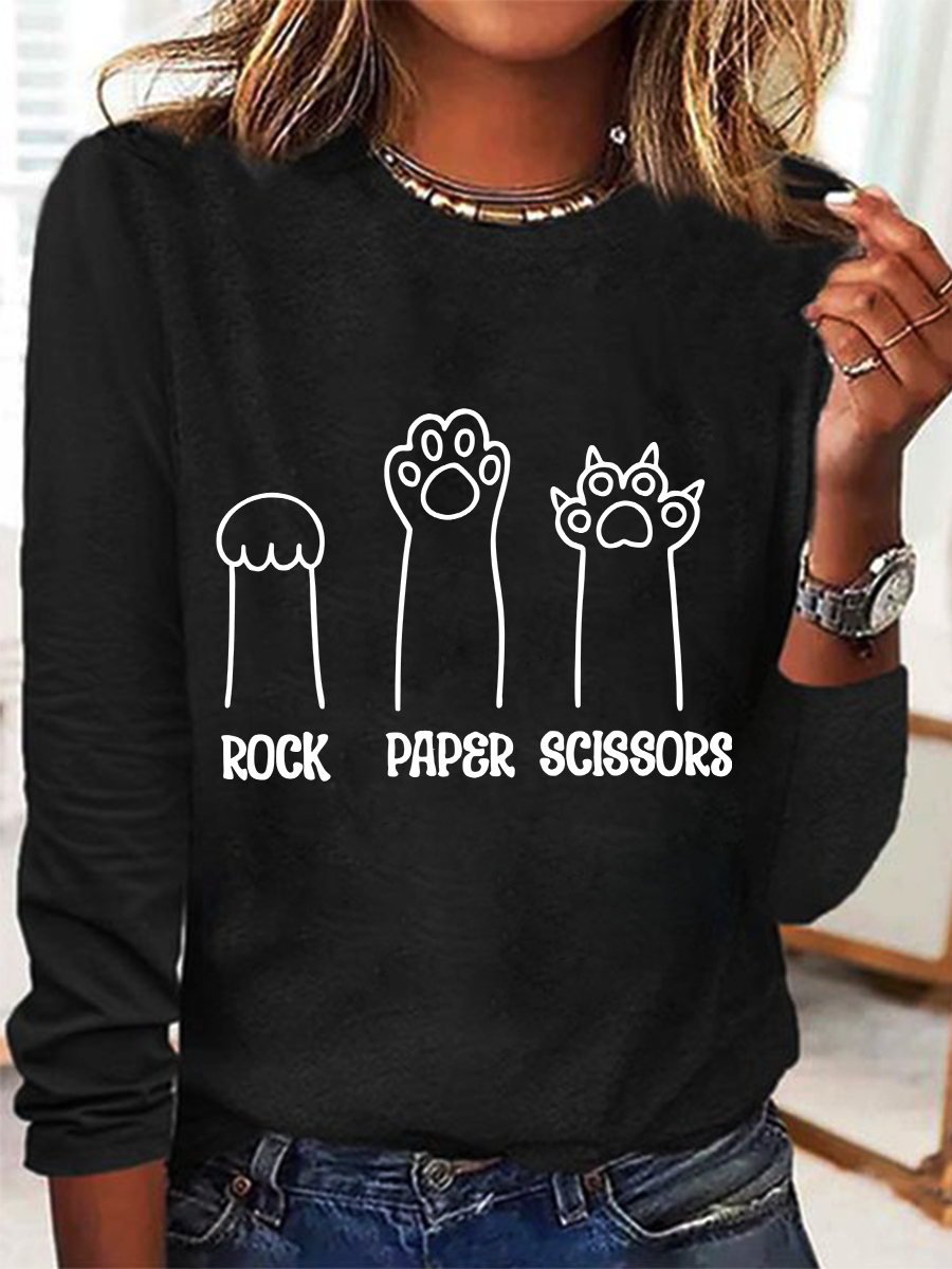 Rock Paper Scissors Hand Game Cute Paw Funny Cat Casual Text Letters Blouse