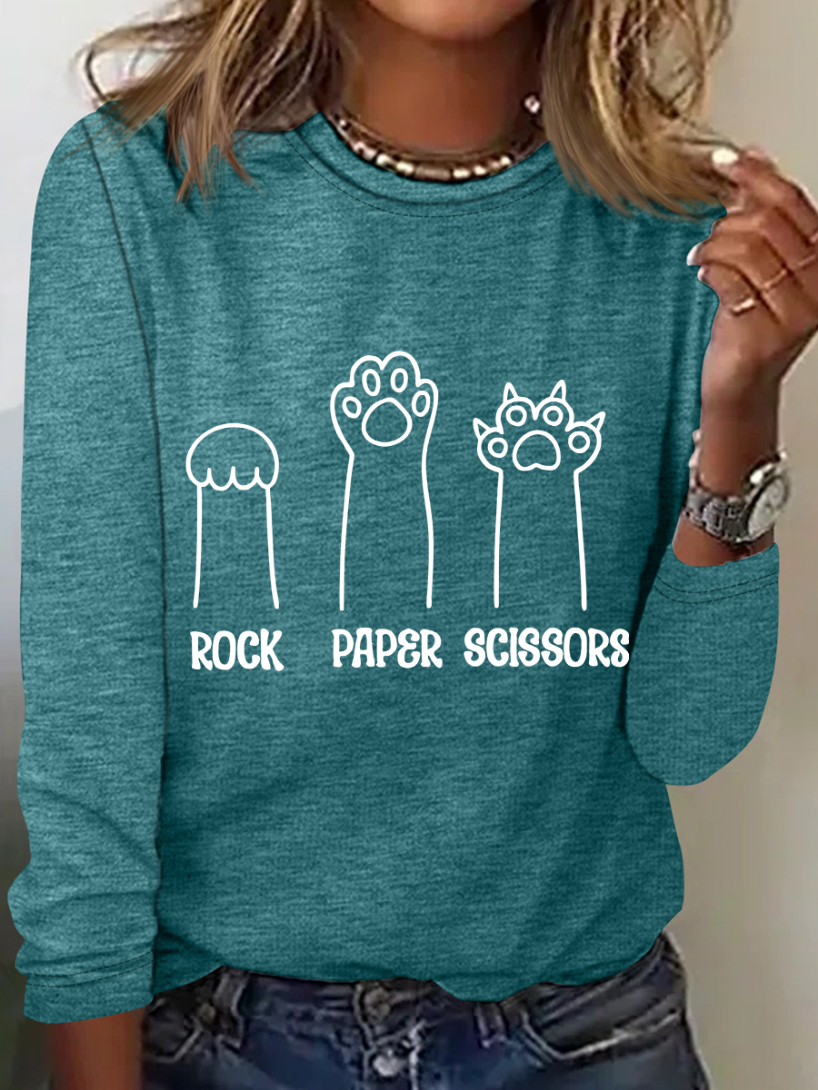 Rock Paper Scissors Hand Game Cute Paw Funny Cat Casual Text Letters Blouse