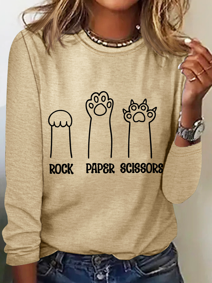 Rock Paper Scissors Hand Game Cute Paw Funny Cat Casual Text Letters Blouse