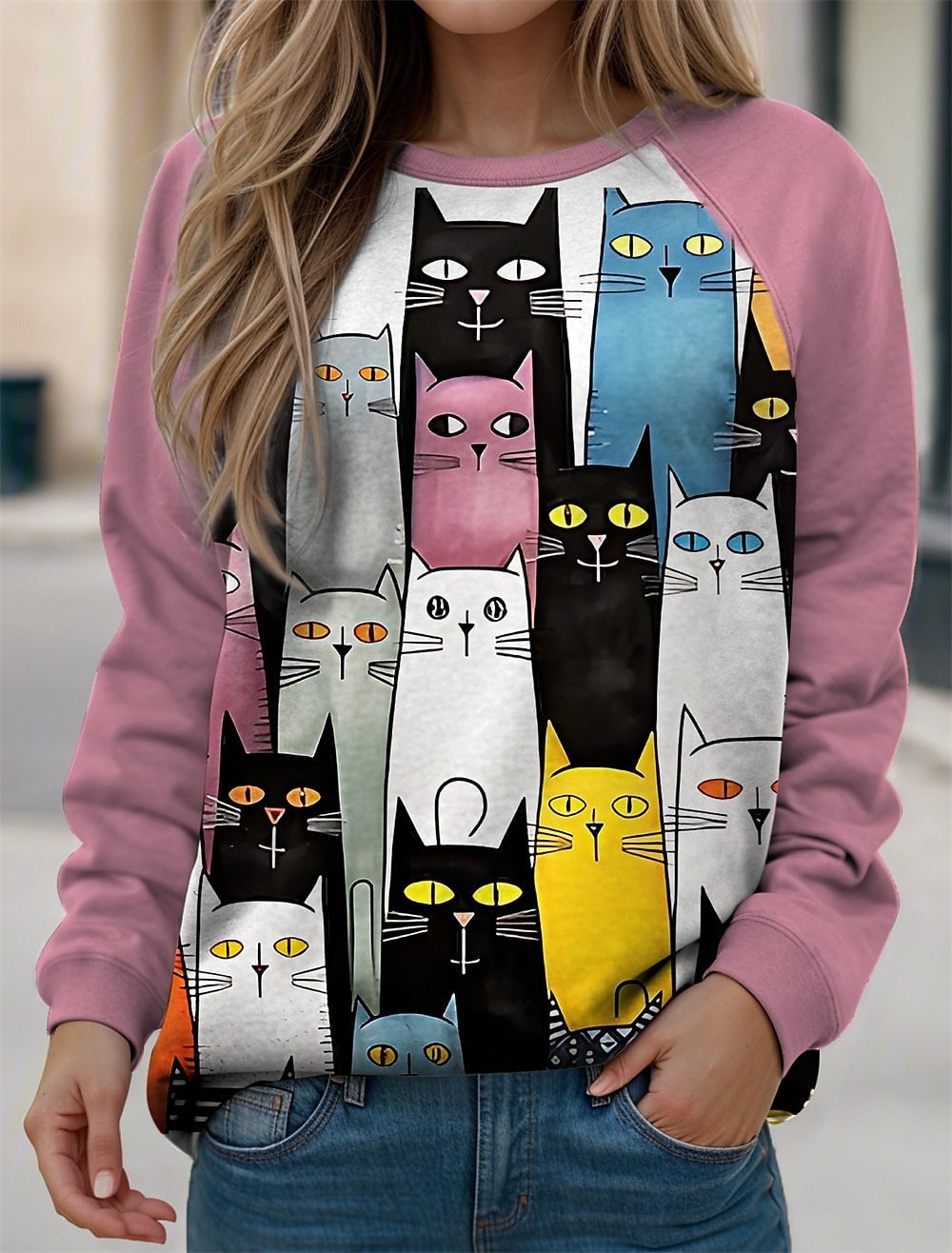 Casual Cat Crew Neck Loose Sweatshirt