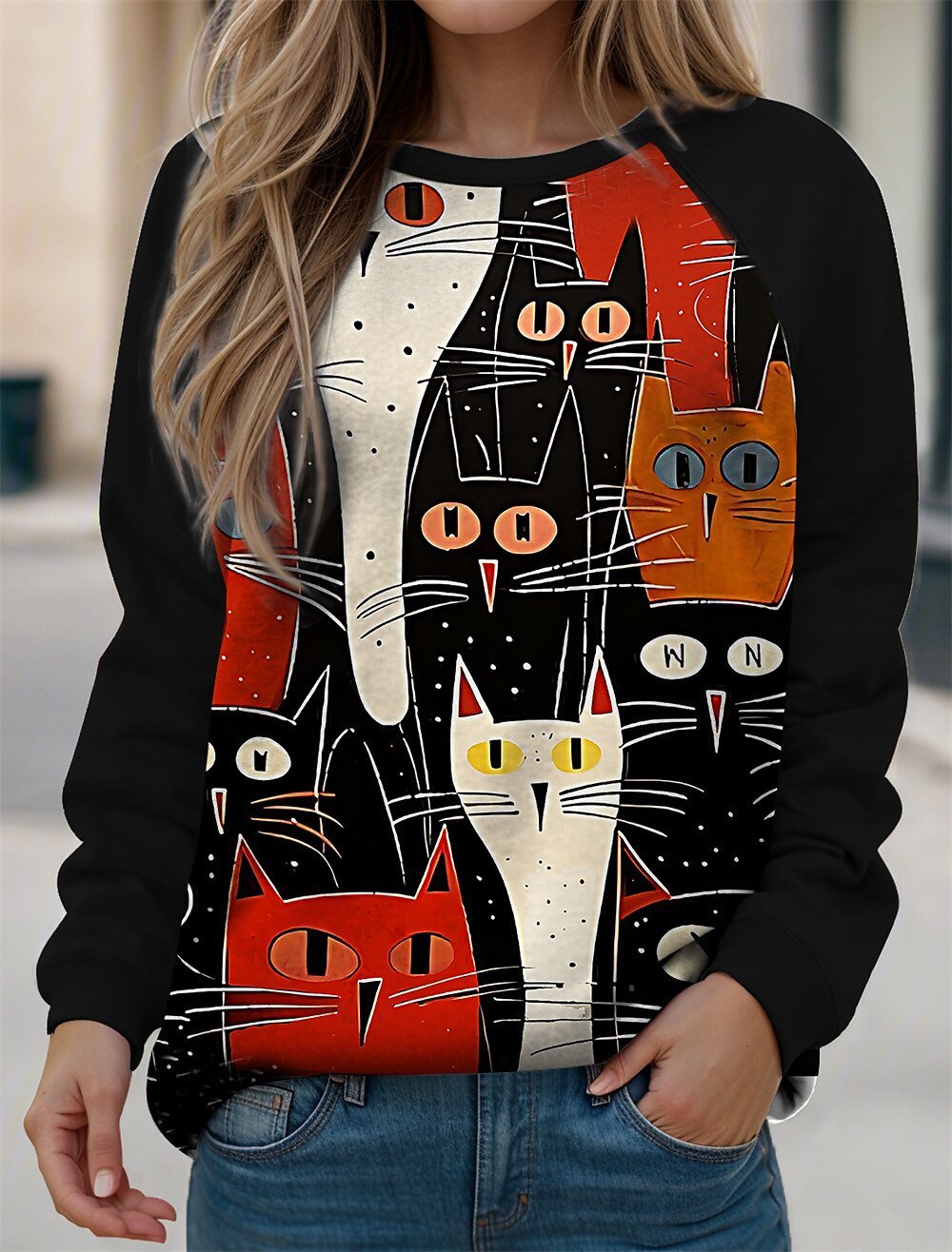 Casual Cat Crew Neck Loose Sweatshirt