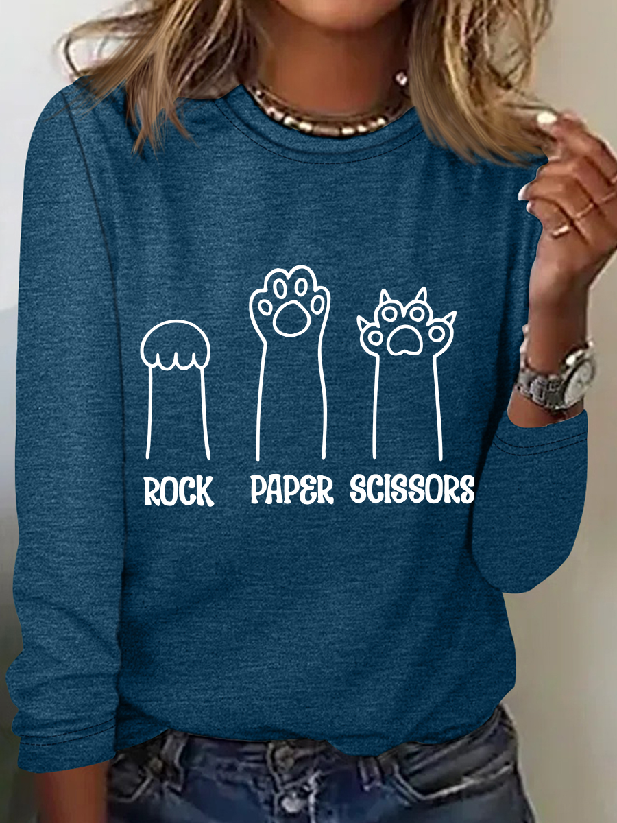 Rock Paper Scissors Hand Game Cute Paw Funny Cat Casual Text Letters Blouse