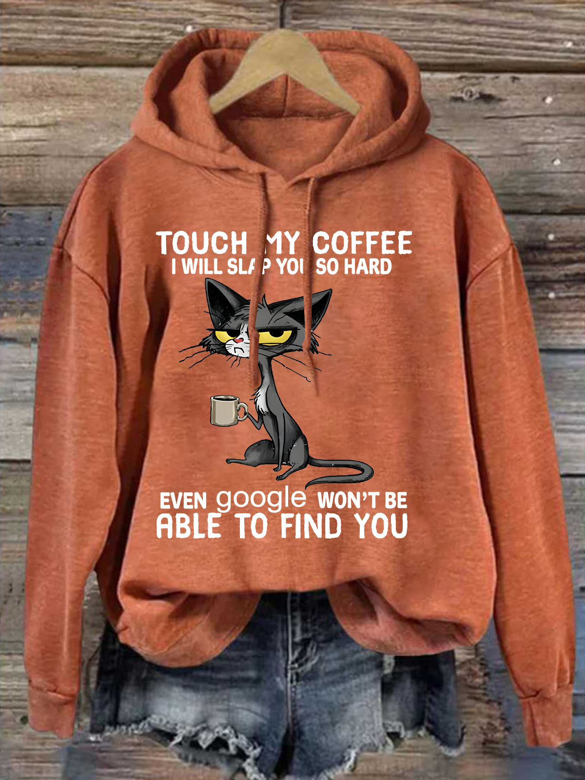 Womens Cat Drinking Coffee Touch My Coffee I Will Slap You So Hard Letters Casual Loose Hoodie