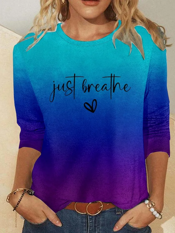 Women's Just Breathe Mental Health Print Casual Crew Neck Long Sleeve Shirt