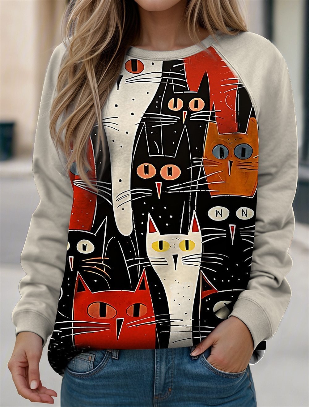 Casual Cat Crew Neck Loose Sweatshirt