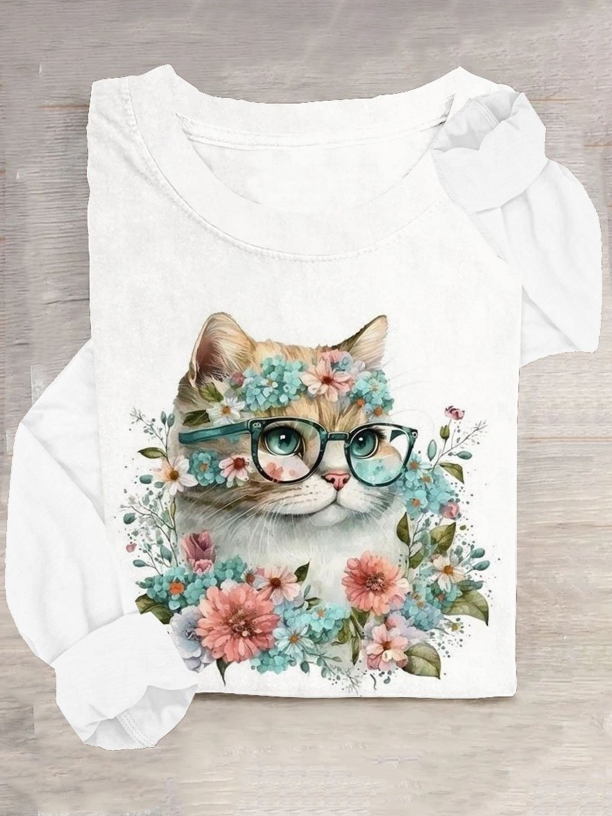 Floral And Cat Cotton-Blend Casual Crew Neck T-Shirt