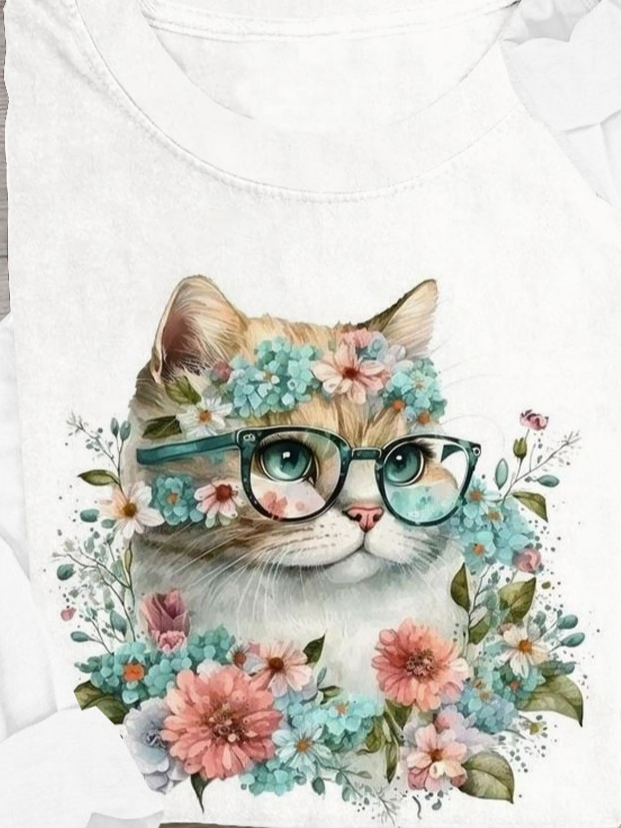 Floral And Cat Cotton-Blend Casual Crew Neck T-Shirt