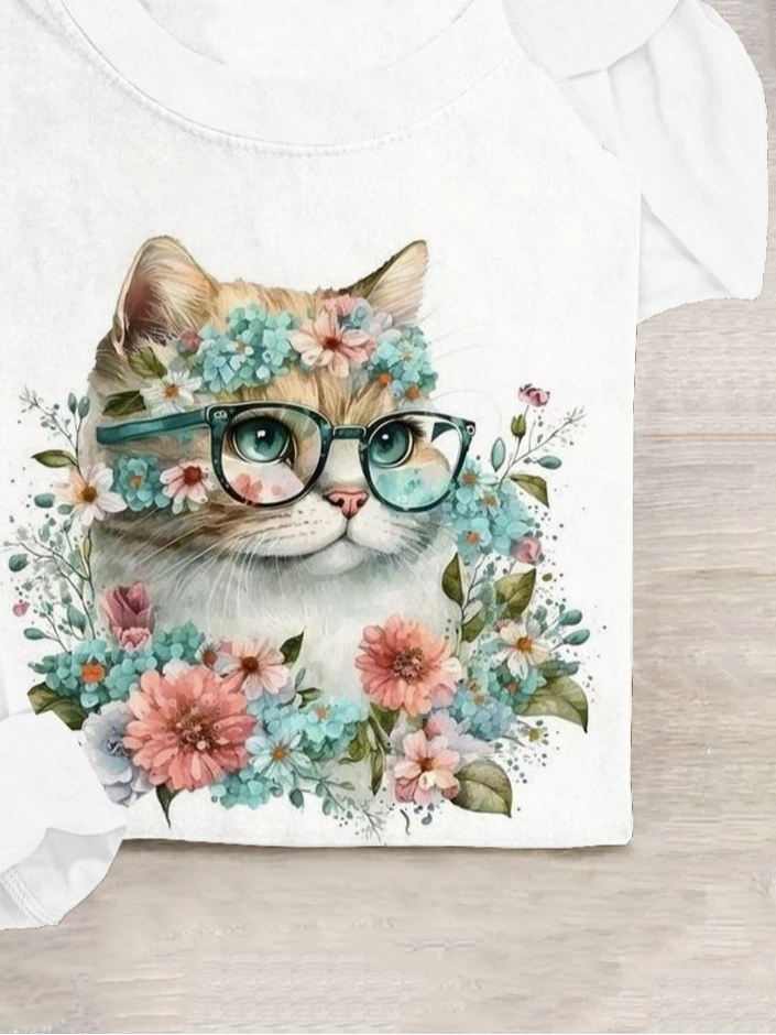 Floral And Cat Cotton-Blend Casual Crew Neck T-Shirt