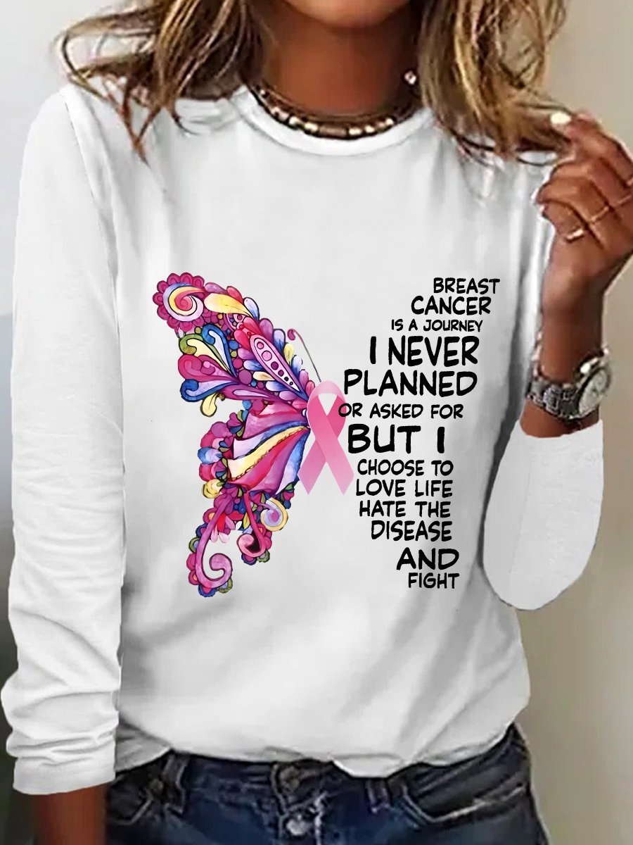 Breast Cancer  Awareness Butterfly Graphic Long Sleeve Shirt