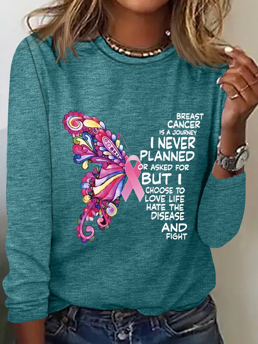 Breast Cancer  Awareness Butterfly Graphic Long Sleeve Shirt