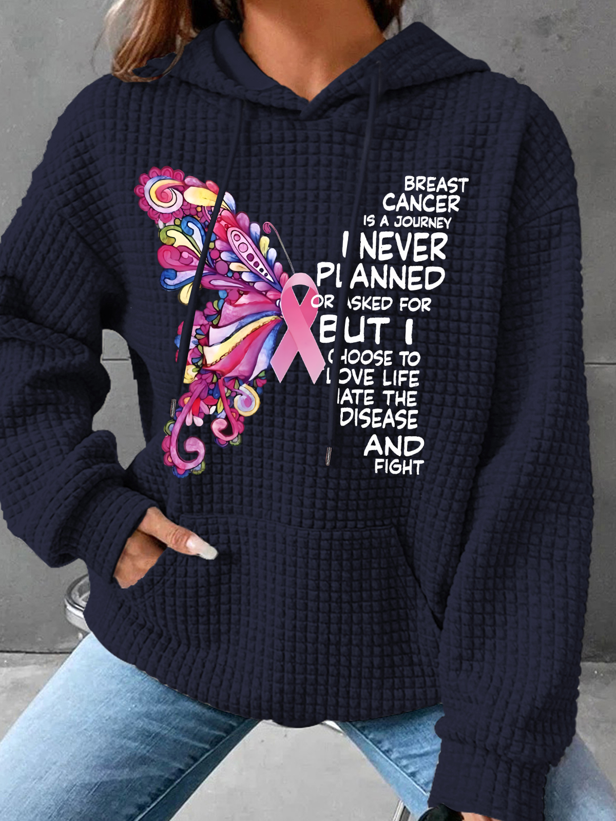 Breast Cancer Awareness Butterfly Graphic Simple Loose Hoodie