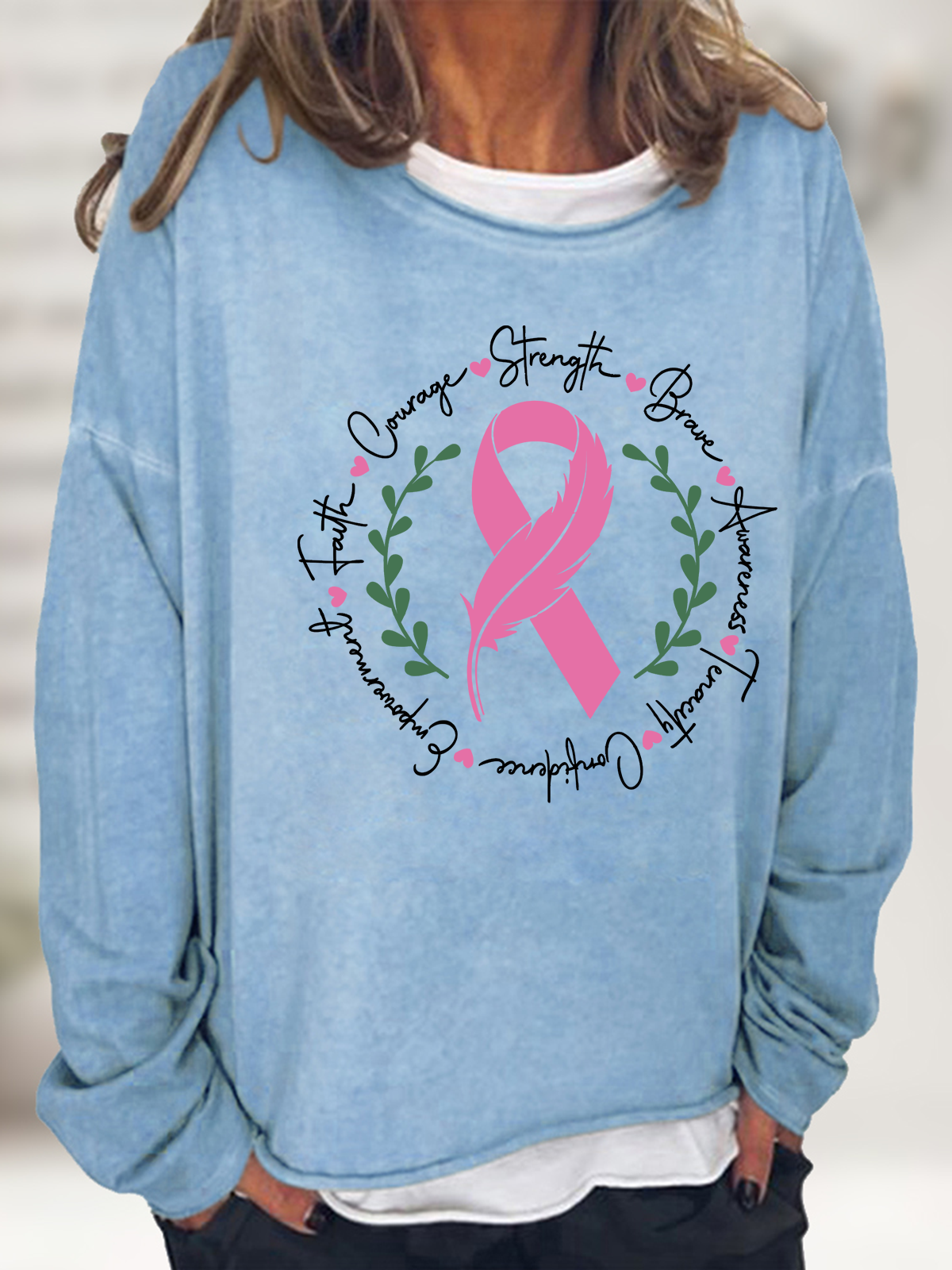 Awareness Ribbon Breast Cancer Cotton-Blend Casual Crew Neck Sweatshirt