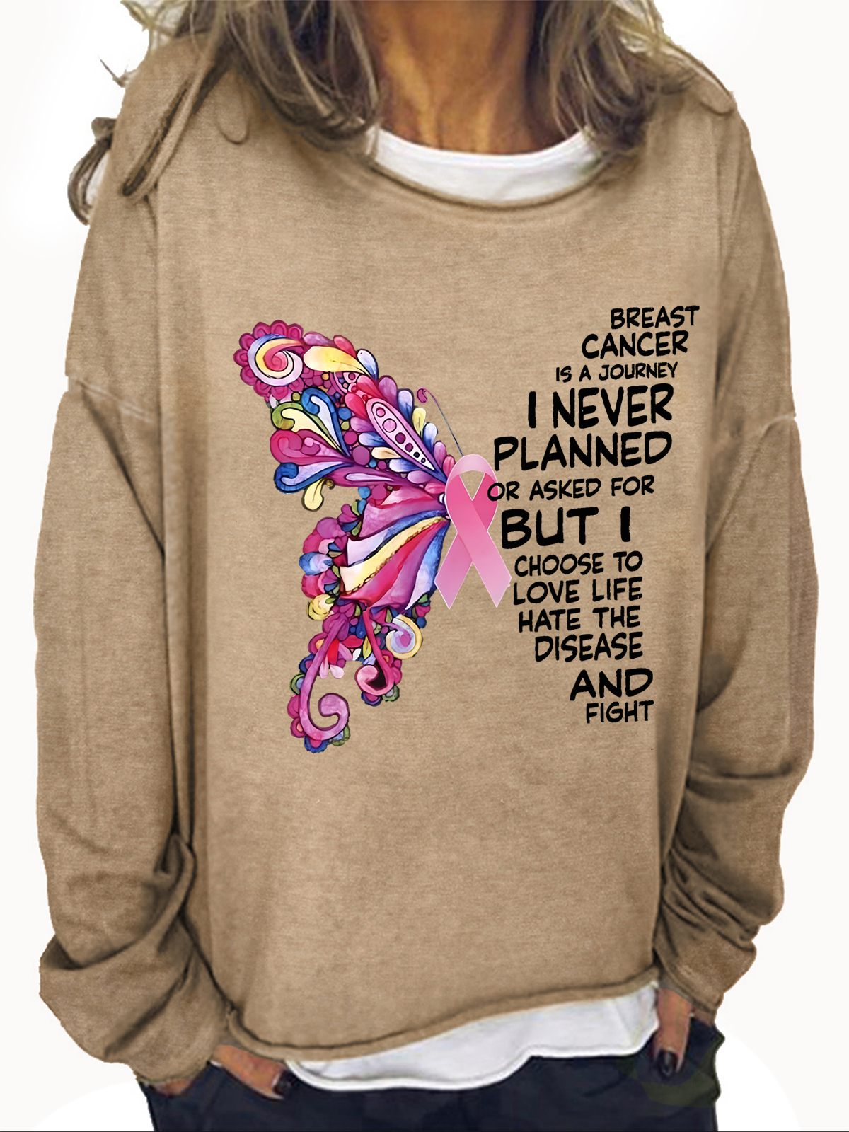 Breast Cancer Awareness Butterfly Graphic Casual Loose Animal Sweatshirt