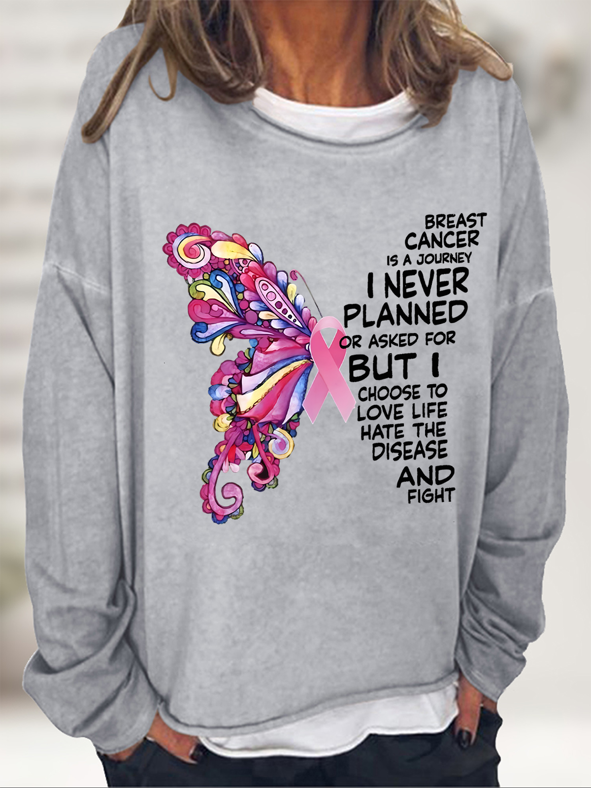 Breast Cancer Awareness Butterfly Graphic Casual Loose Animal Sweatshirt