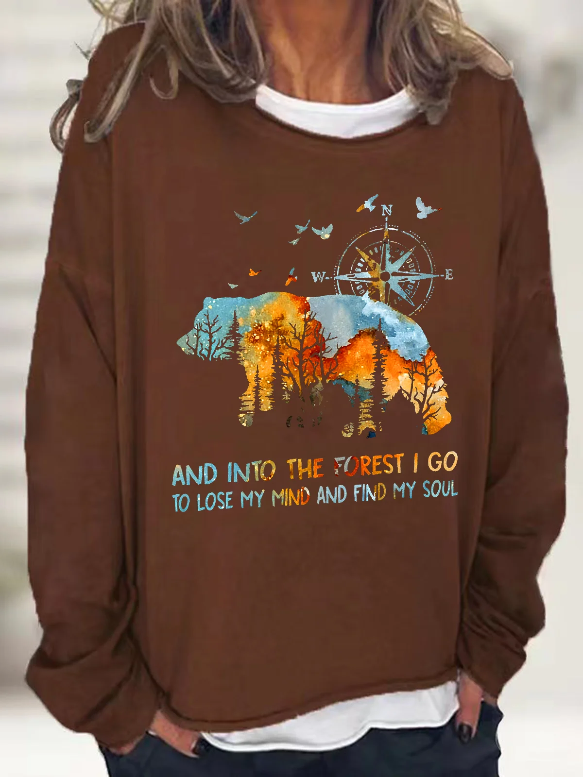 Into The Forest I Go Bear Cotton-Blend Casual Sweatshirt