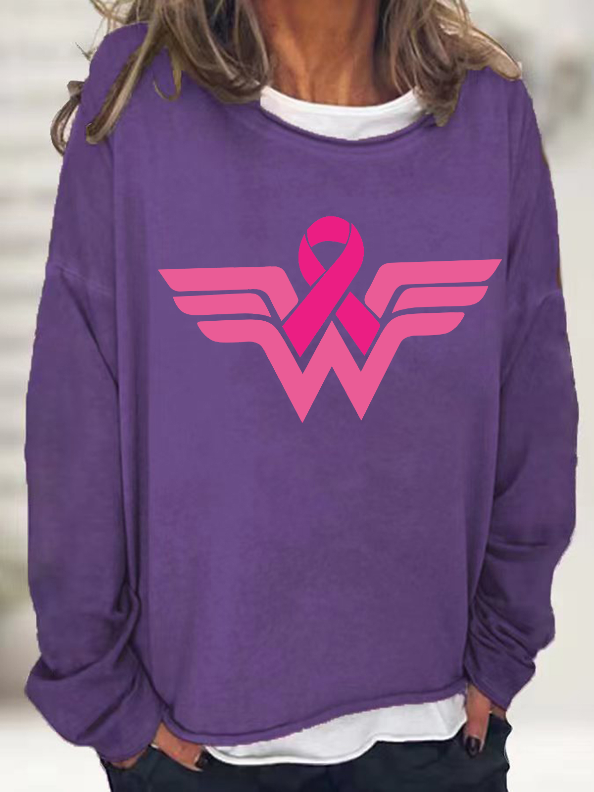 Breast Cancer Woman Casual Crew Neck Cotton-Blend Sweatshirt