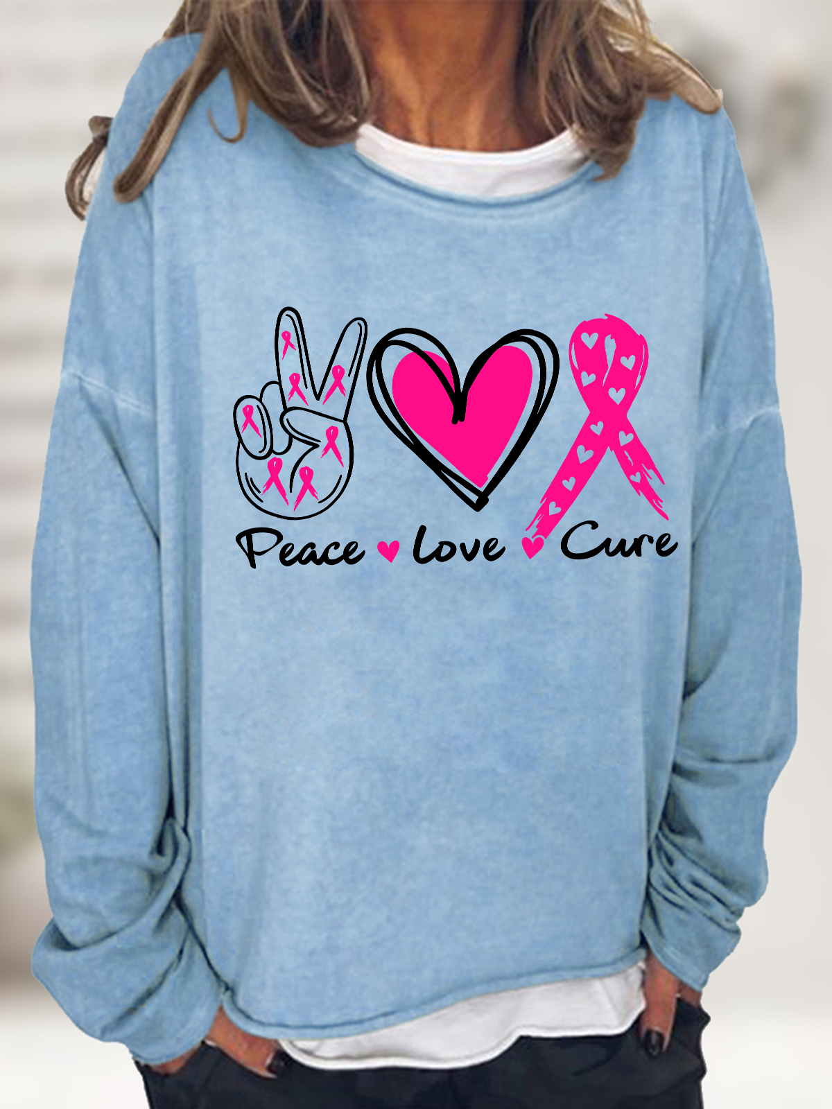 Peace Love Cure  Breast Cancer Cotton-Blend Casual Loose Sweatshirt