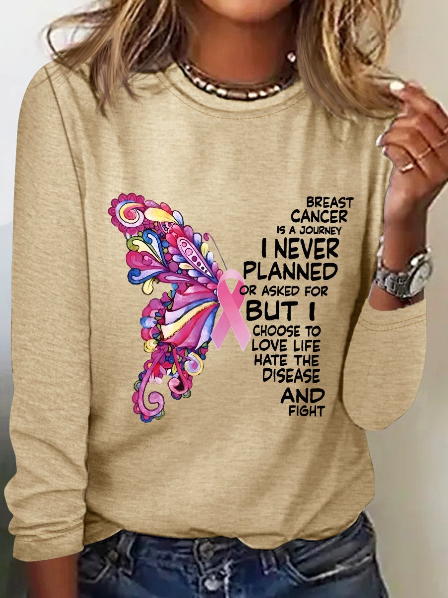 Breast Cancer  Awareness Butterfly Graphic Long Sleeve Shirt