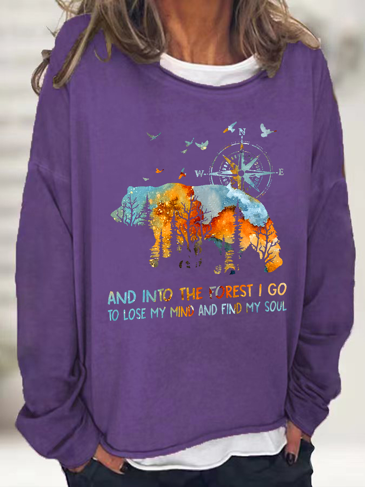 Into The Forest I Go Bear Cotton-Blend Casual Sweatshirt