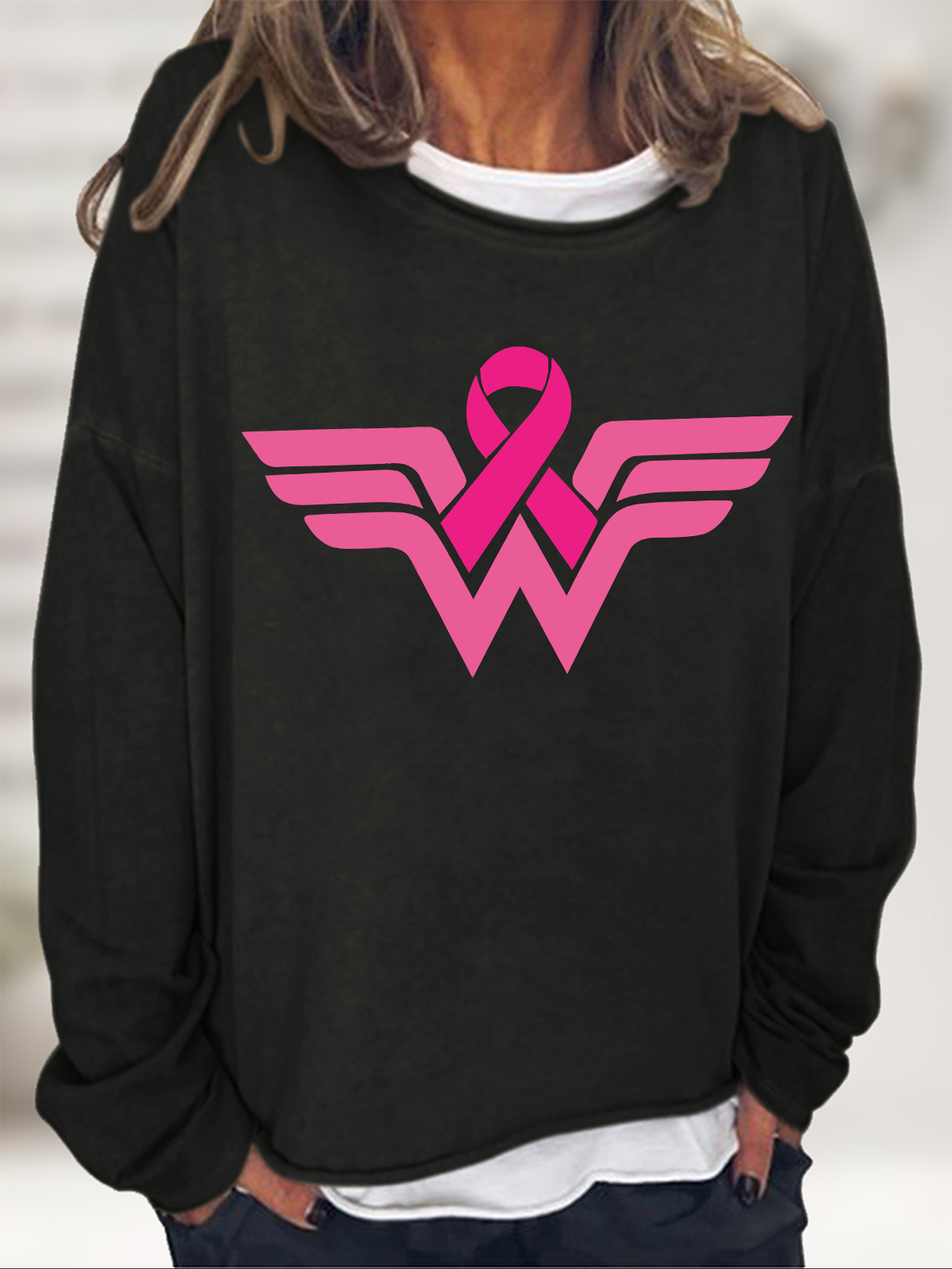 Breast Cancer Woman Casual Crew Neck Cotton-Blend Sweatshirt