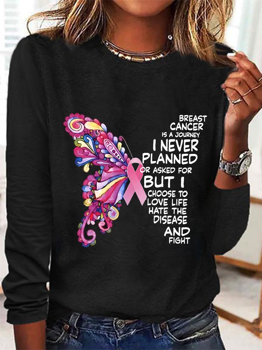 Breast Cancer  Awareness Butterfly Graphic Long Sleeve Shirt