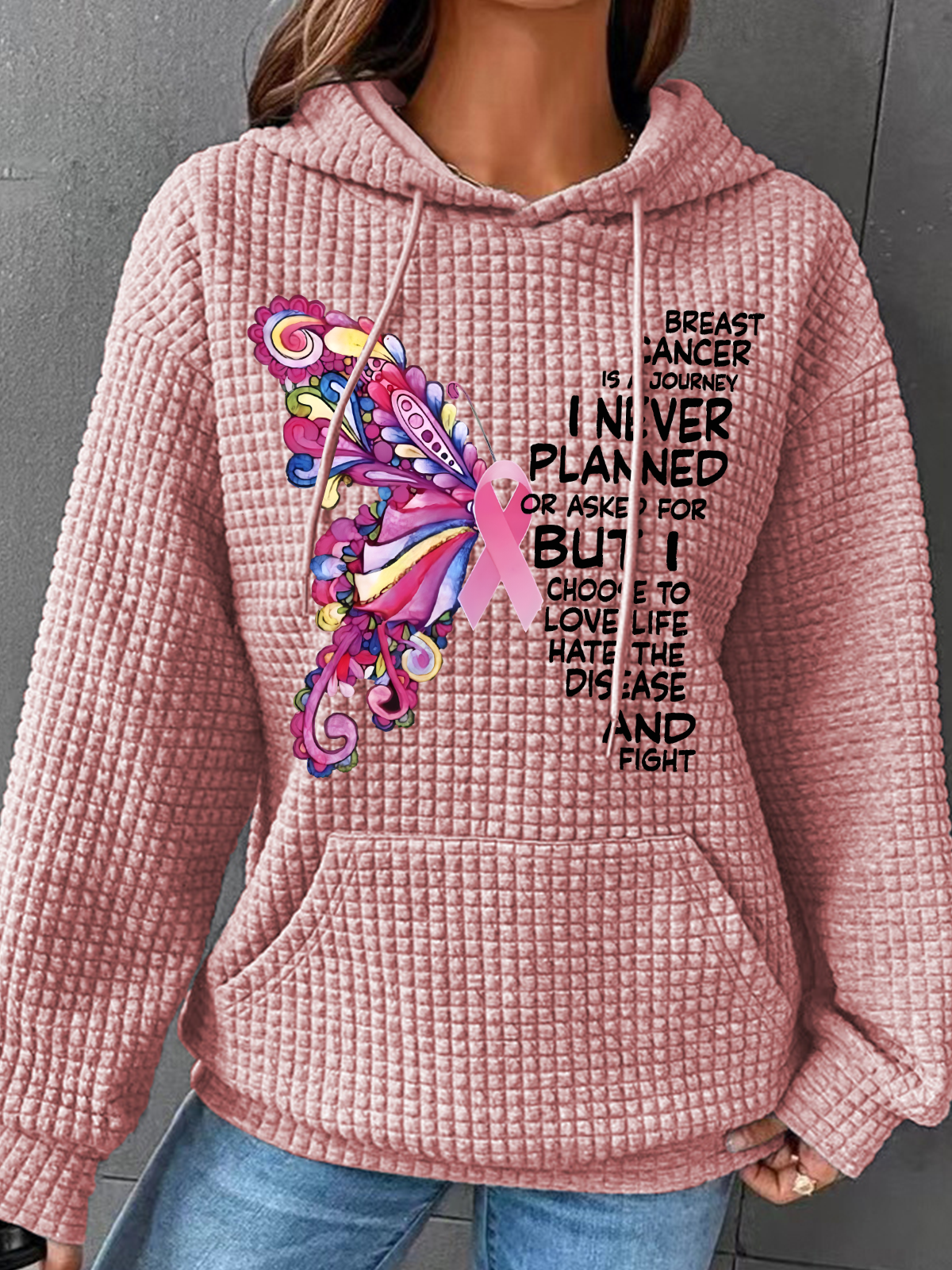 Breast Cancer Awareness Butterfly Graphic Simple Loose Hoodie