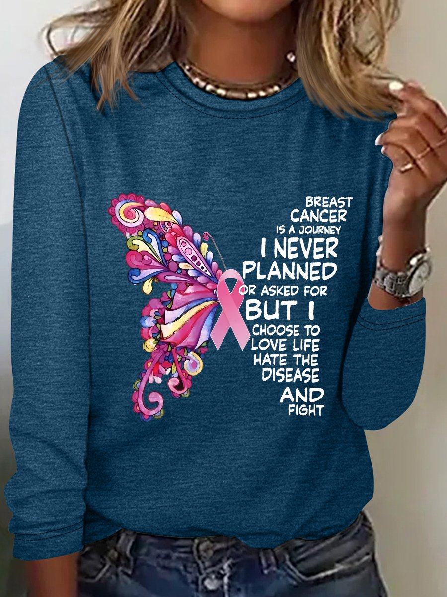 Breast Cancer  Awareness Butterfly Graphic Long Sleeve Shirt