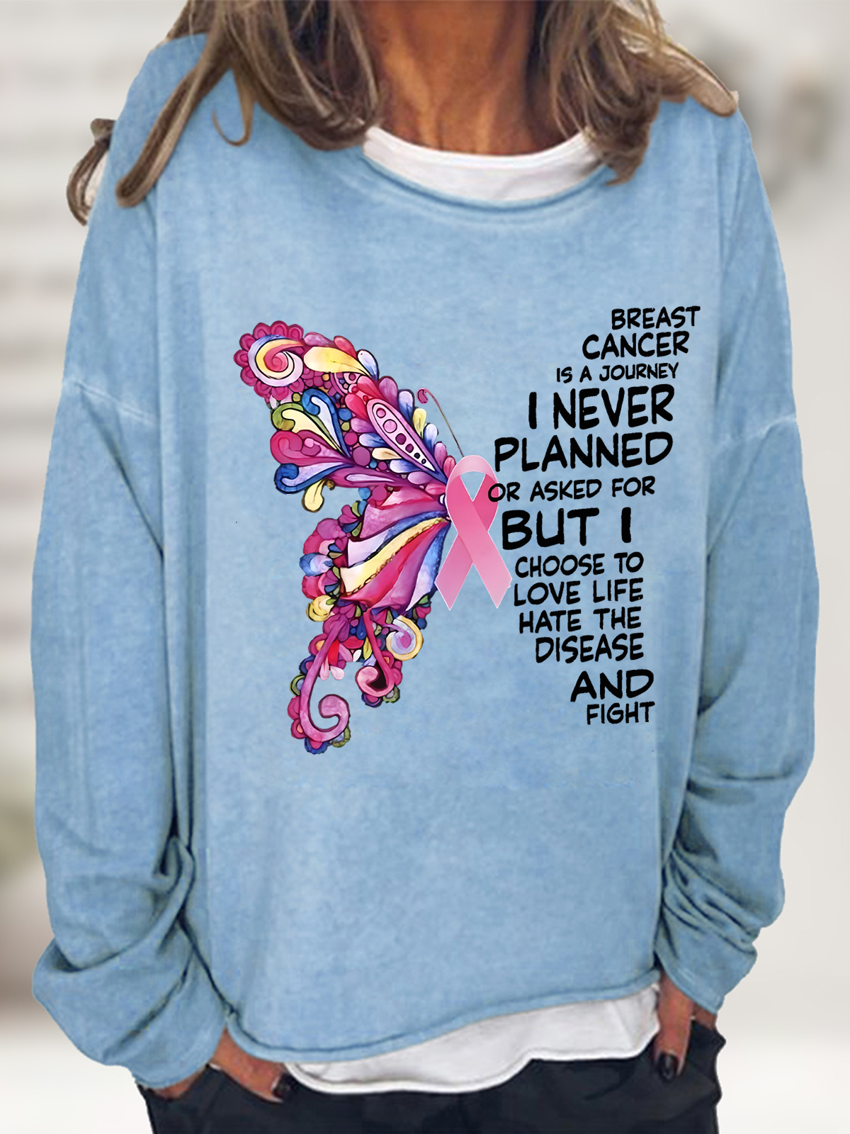 Breast Cancer Awareness Butterfly Graphic Casual Loose Animal Sweatshirt