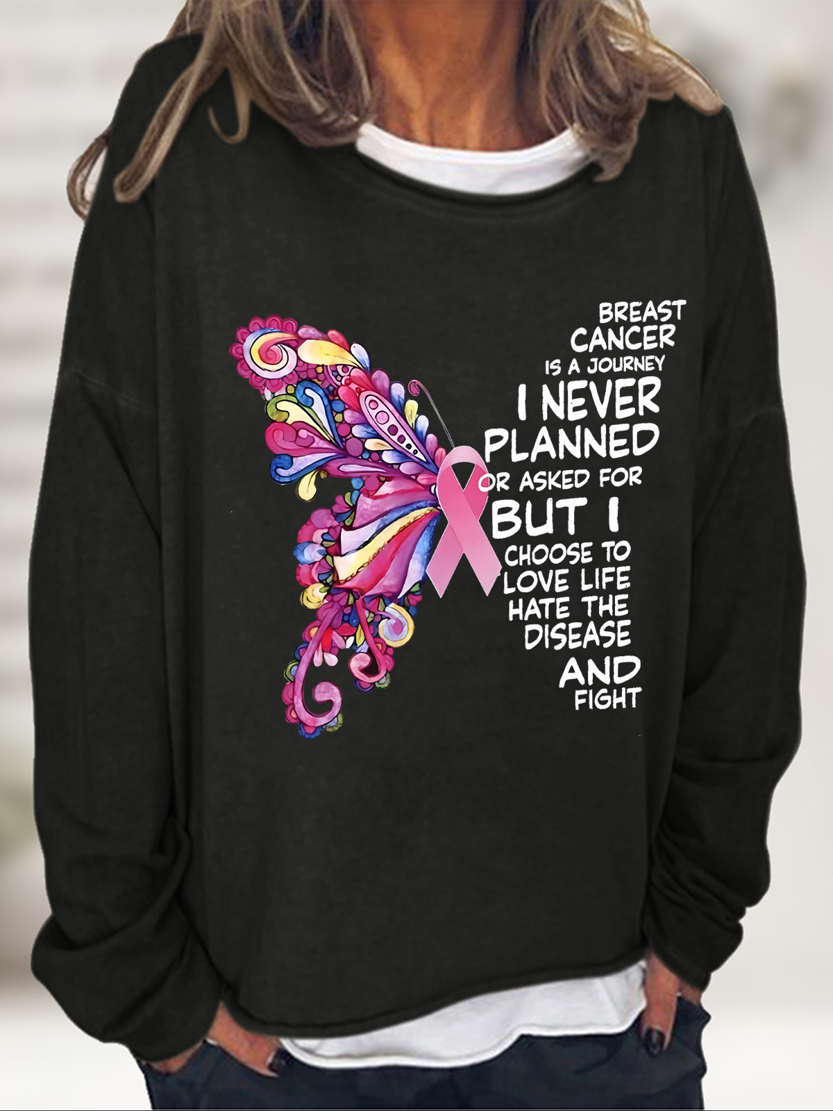 Breast Cancer Awareness Butterfly Graphic Casual Loose Animal Sweatshirt